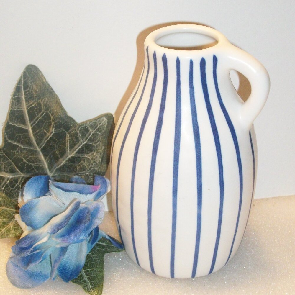 SOLD! IKEA NWT White & Blue Striped Pitcher Handled zjug Bud Vase 5.25" Tall